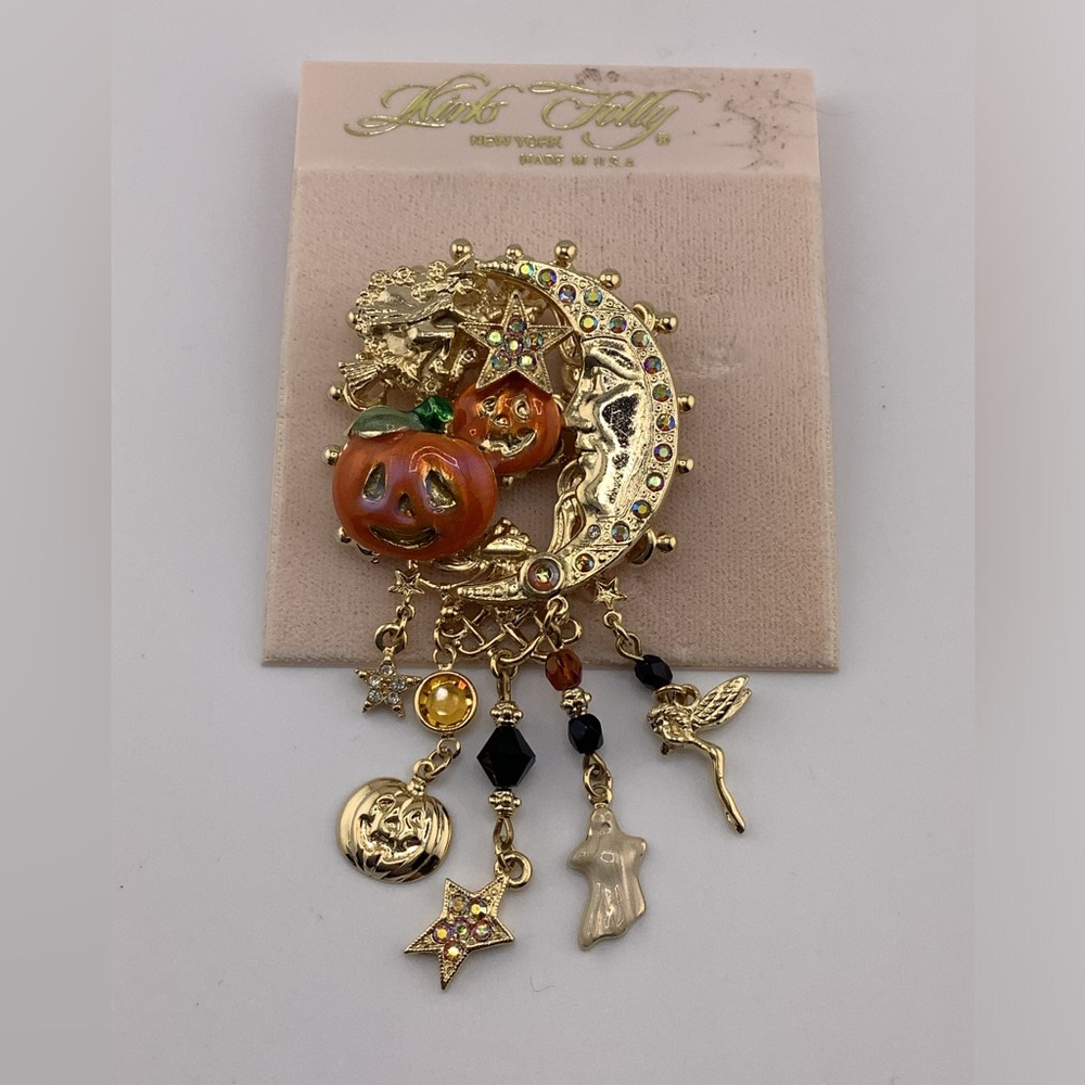 Vtg Kirks Folly Halloween Crescent Moon Pumpkins Dangling Fairy, Ghost B…